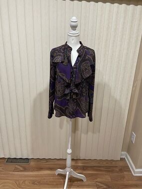 Ralph Lauren Purple Paisley Ruffle Front Blouse